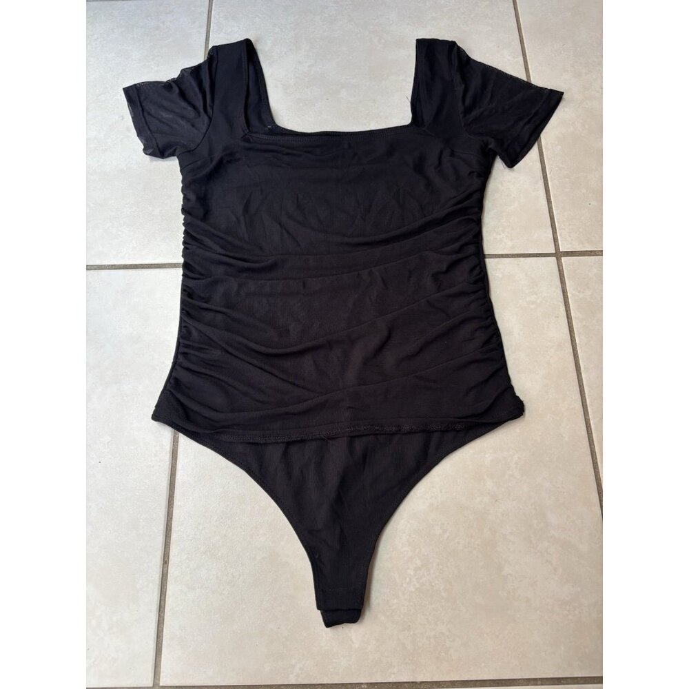 Chunpin Women's Square Neck Mesh Short Sleeve Thong Slimming Bodysuit Sz L Black - Picture 4 of 7